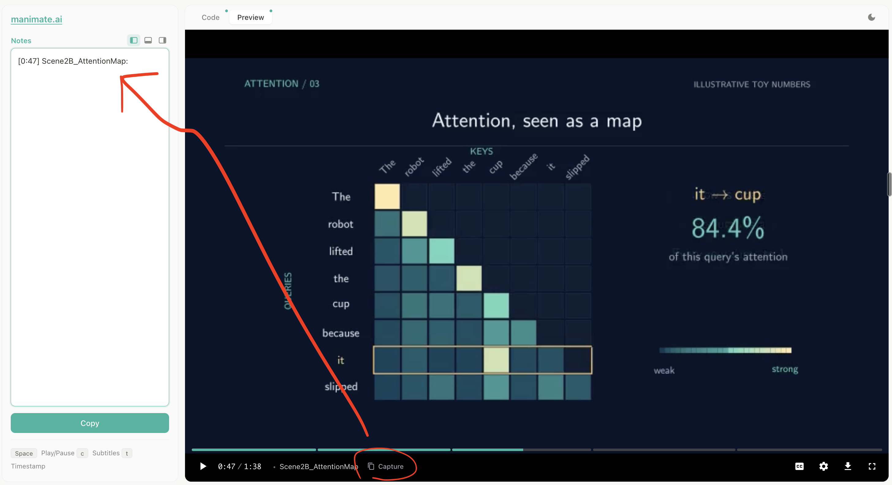 Video viewer showing an attention heatmap, a Notes panel, and Capture and Copy controls