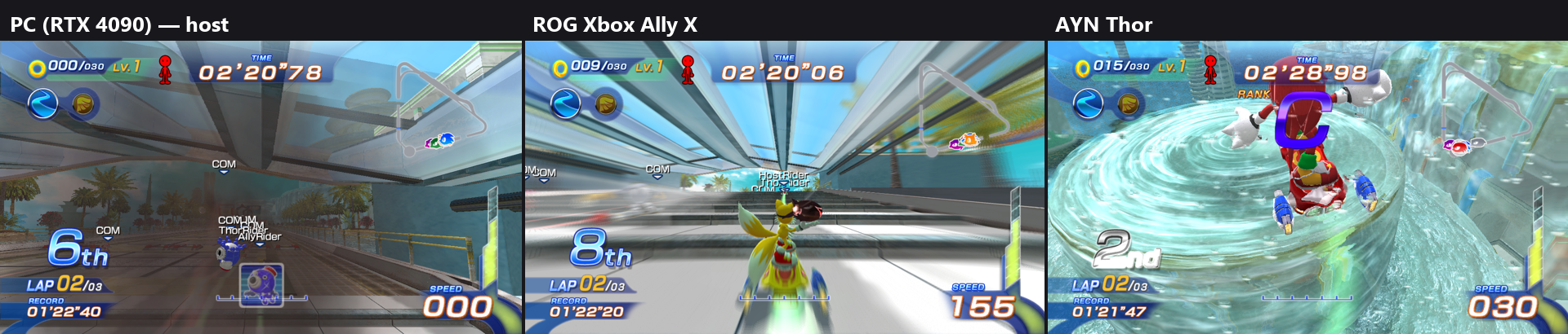 The same online race on a PC, a ROG Xbox Ally X and an AYN Thor