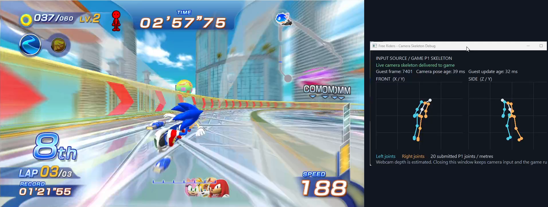 Camera-controlled gameplay alongside the live skeleton debug window