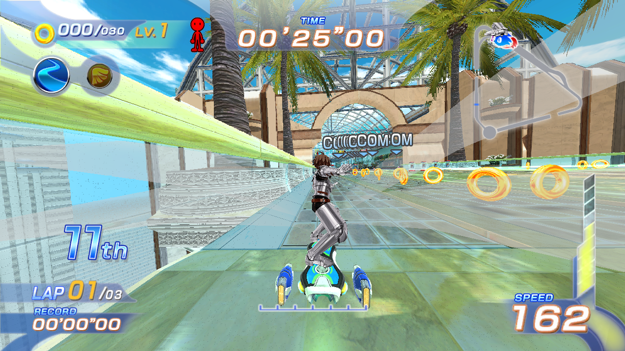 A custom VRM model riding an Extreme Gear during a race