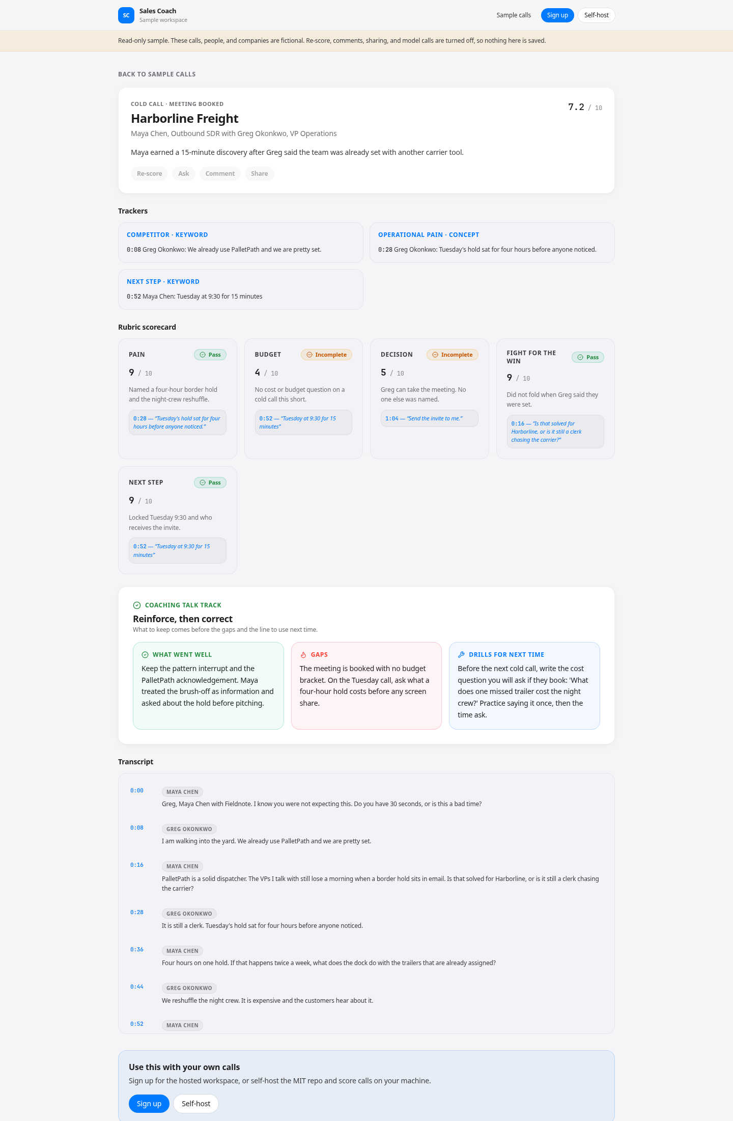 Sample call review with a transcript, rubric scorecard, coaching notes, and trackers