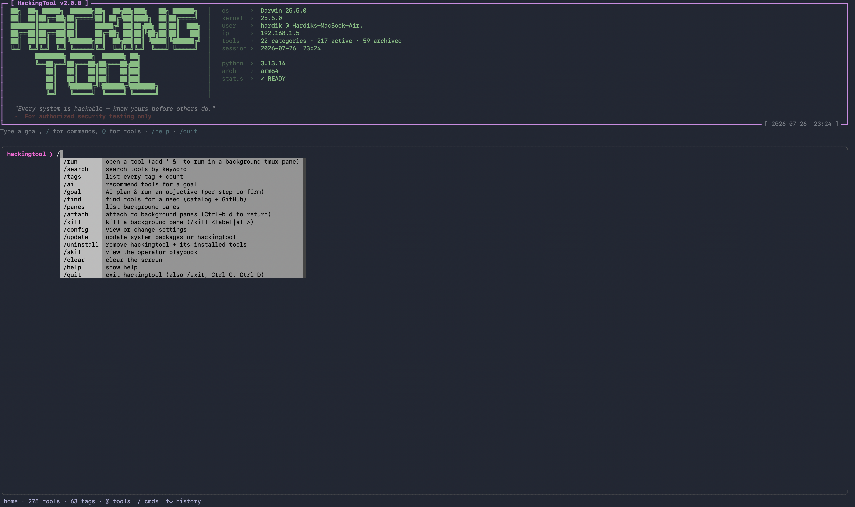 hackingtool console: banner with live system readout and the / command palette