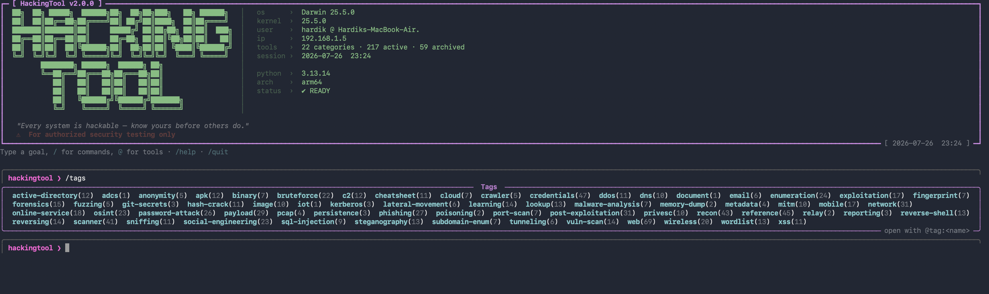 hackingtool /tags — every tag with its tool count