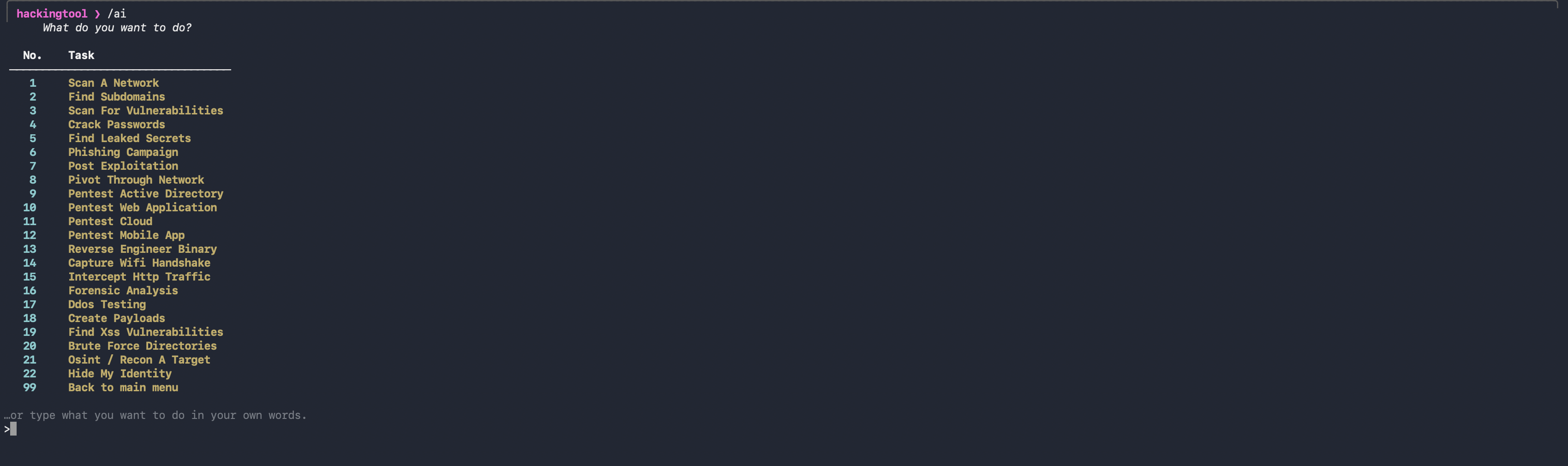 hackingtool /ai — pick a common task or describe your own