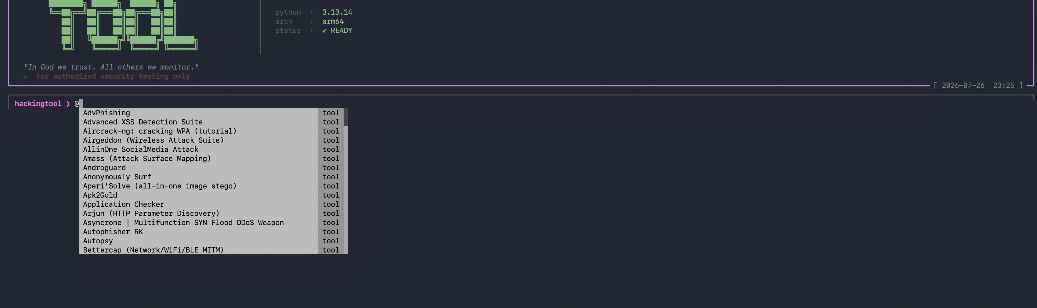 typing @ in the hackingtool console completes tool names