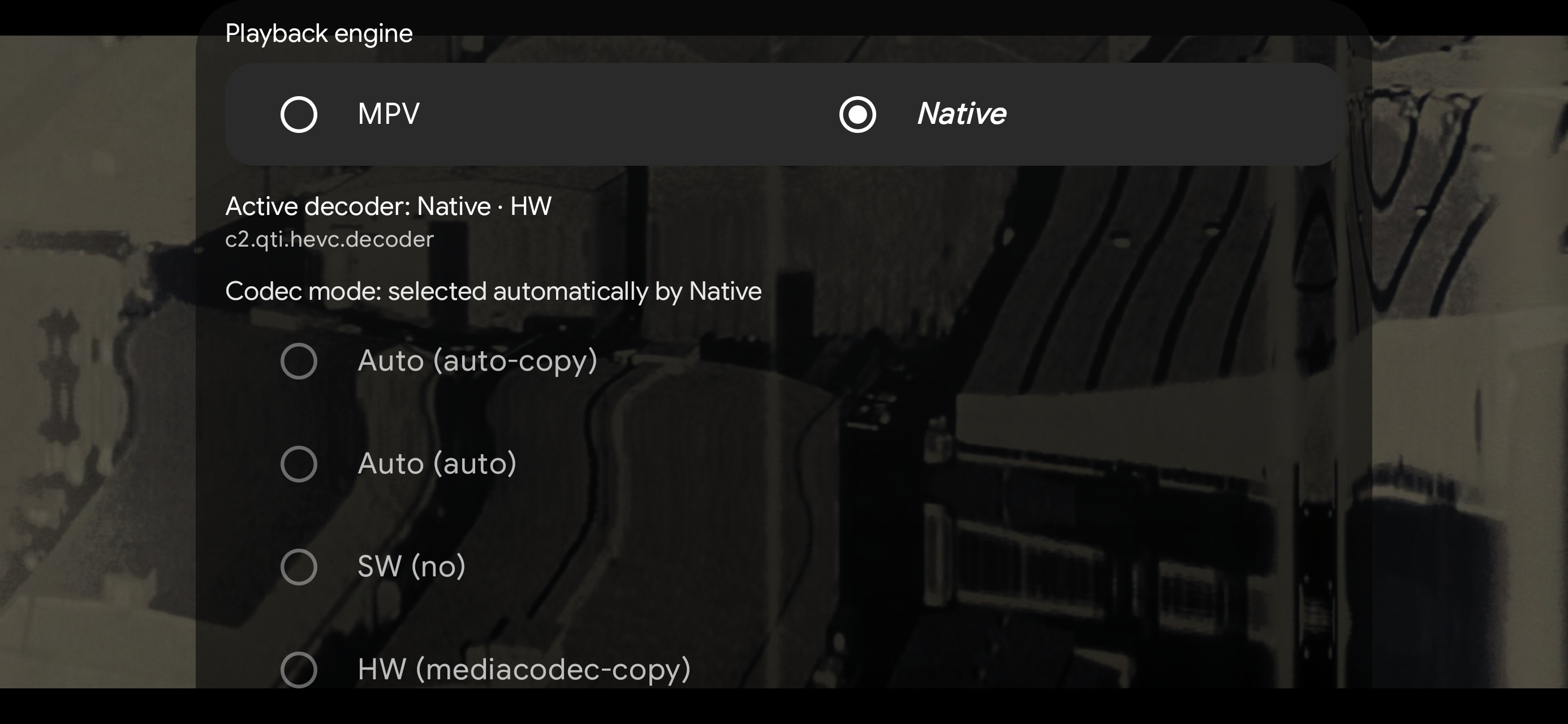 Mpv∞ Playback engine selector showing MPV and Native