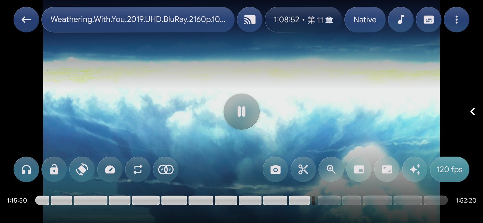 Mpv∞ player with Liquid Glass controls and the 120 fps frame interpolation button