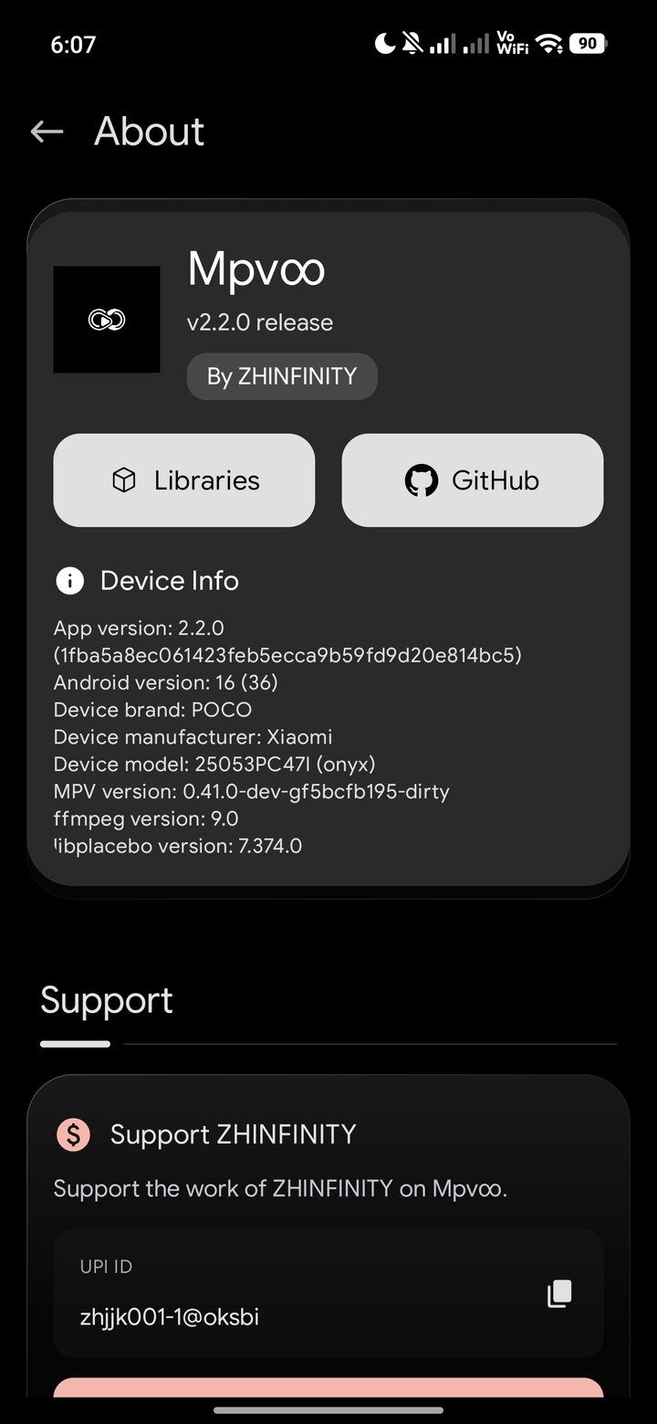 Mpv∞ About page showing version 2.2.0