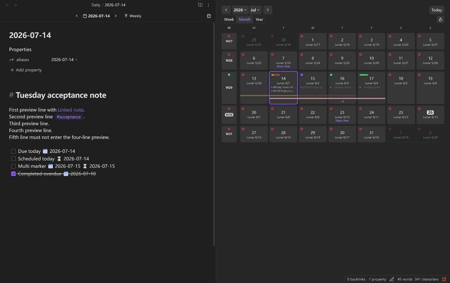 Chrono Notes Calendar periodic note navigation and month calendar