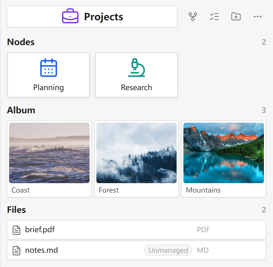 Folder Nodes sidebar showing child nodes, visual media, and unmanaged files