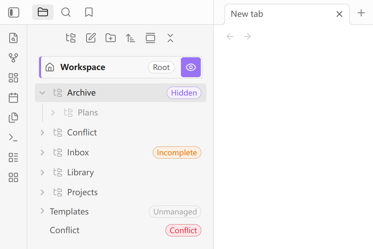 Obsidian File Explorer showing the Root eye and aligned Folder Nodes status badges