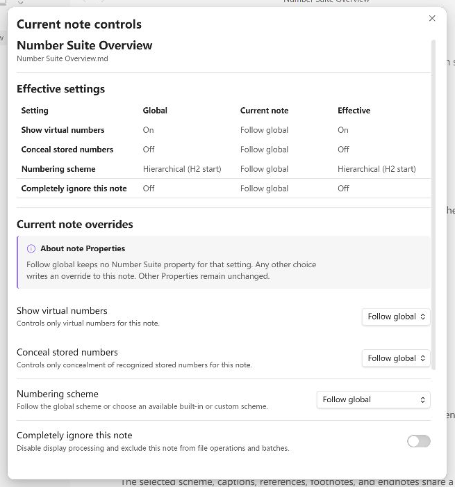 Number Suite current-note effective settings and per-note overrides
