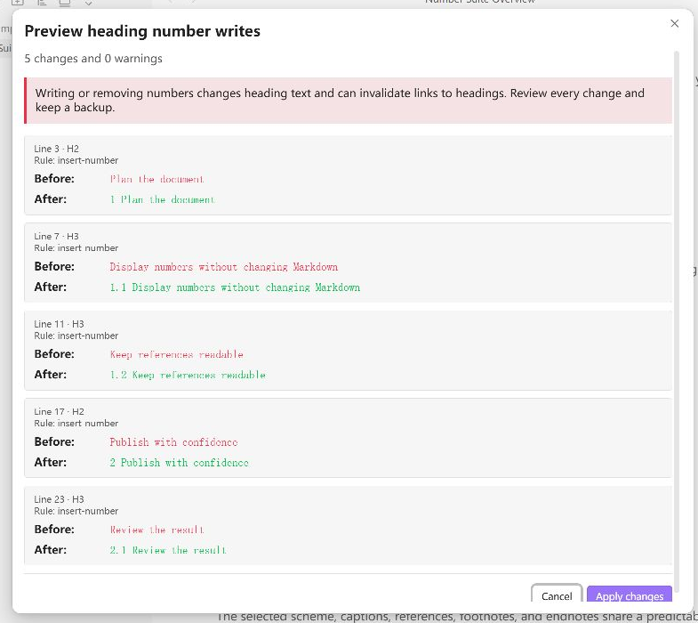 Number Suite preview of heading number writes