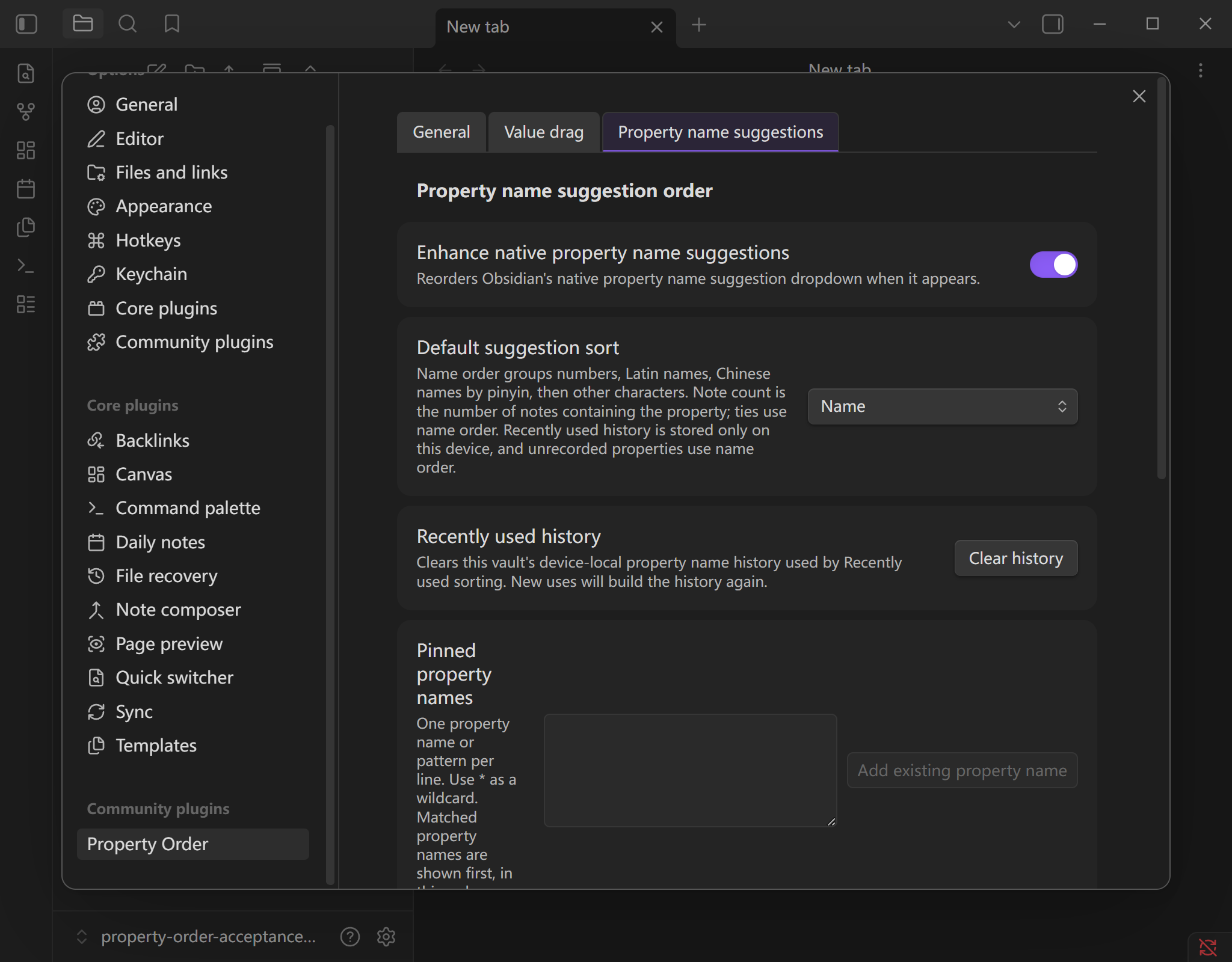 Property-name suggestion settings