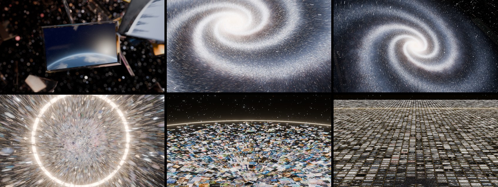Moments from the intro film's opening, all rendered in Blender: the Earth in a glass card, the pull-back to a galaxy, the burst, the flattened sea of films