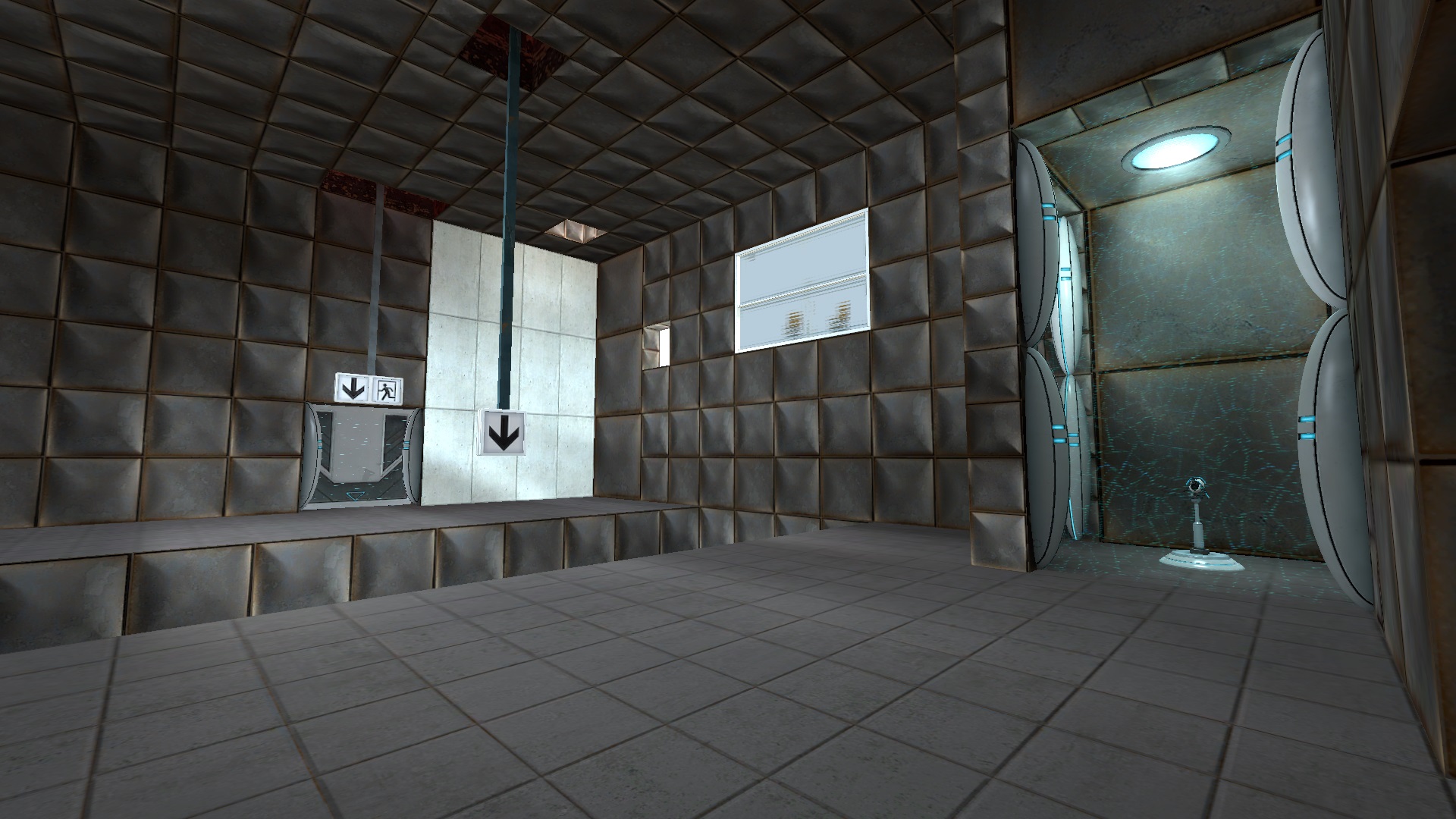 The first tutorial room has arrows pointing to the exit and spike pit, and a spotlight on a portal device behind hard light walls.
