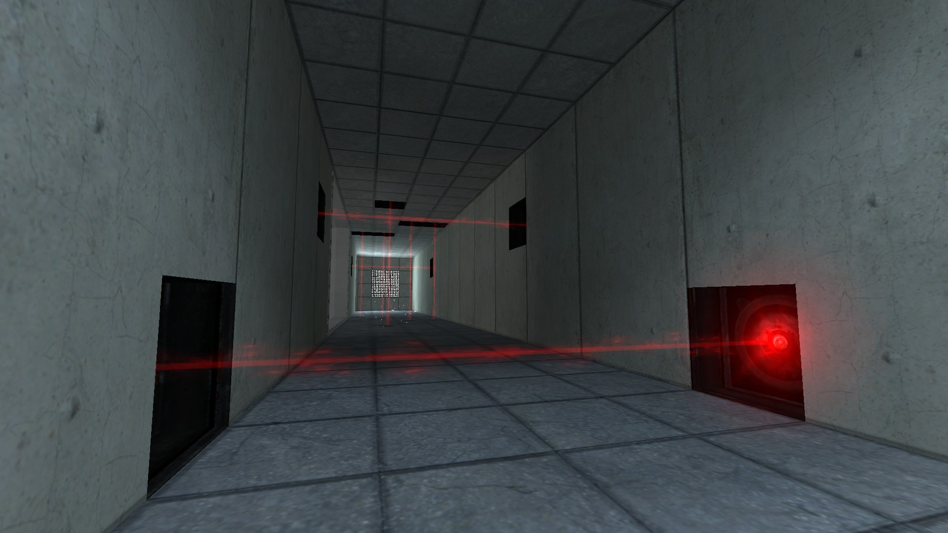 A hall has deadly lasers criss-crossing it.