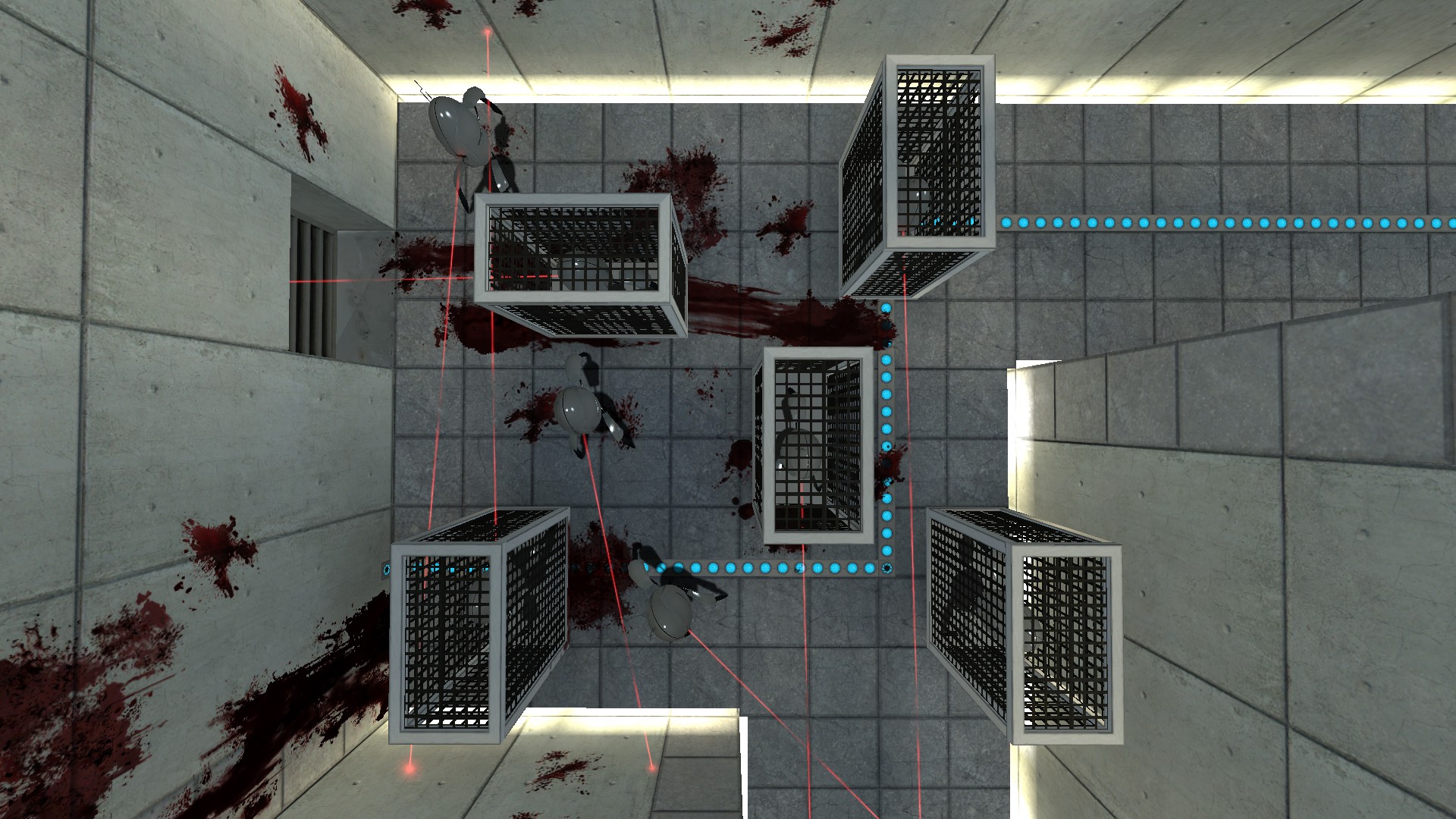 An intersection in the maze has several caged turrets.