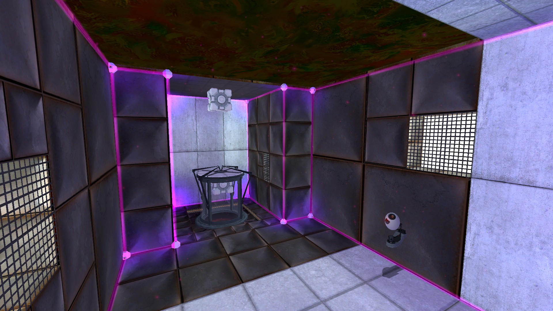 In an upside-down room, a cube sits on the ceiling above an upside-down vital apparatus vent, on the far side of a goo pit of the ceiling.