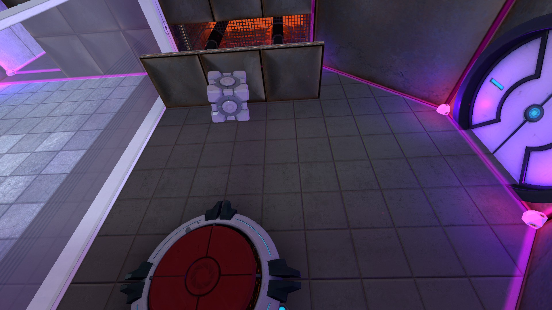 A wall panel in the sideways chamber pushes the cube back down where the player can reach it.
