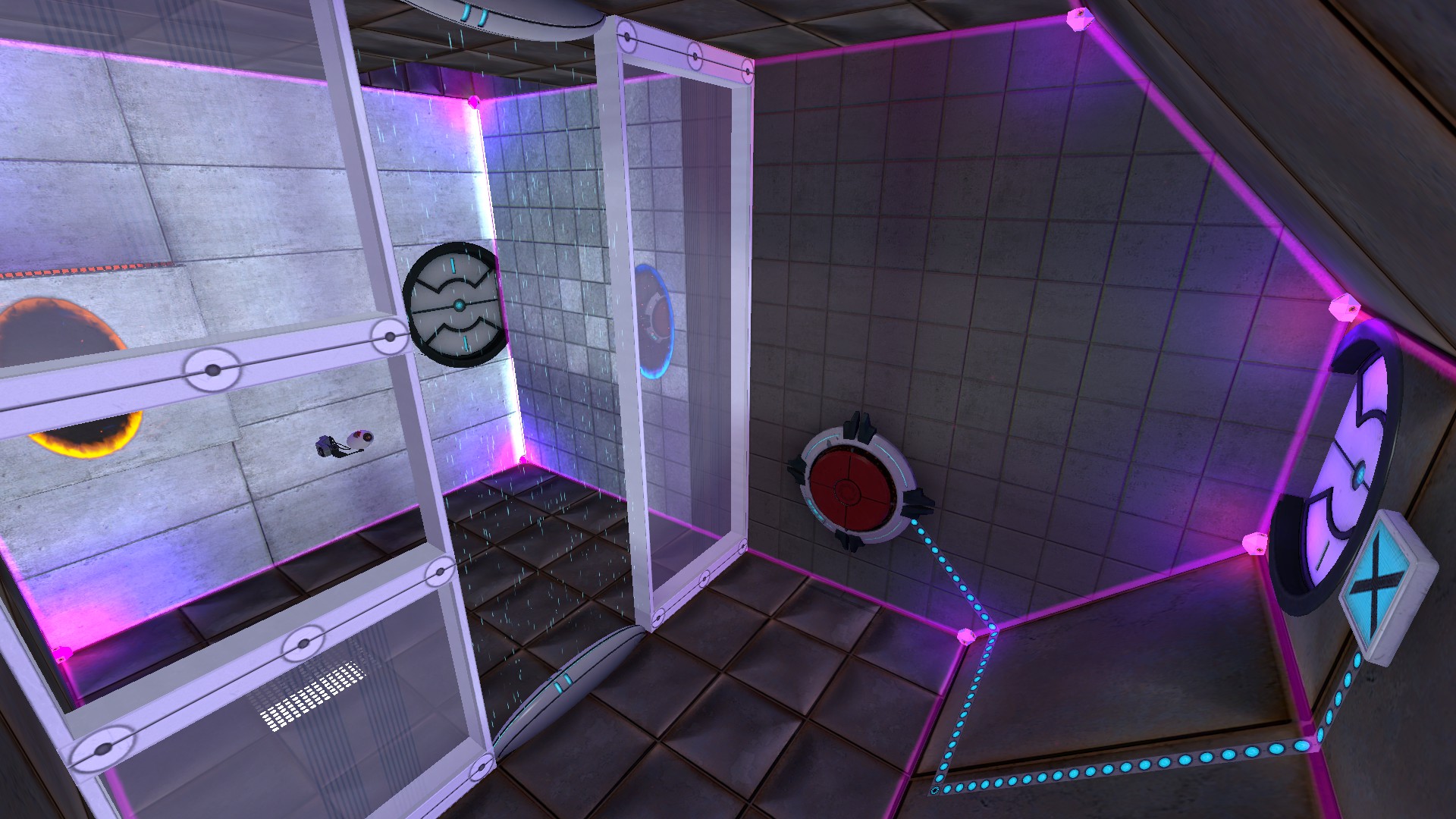A sideways room has a sideways fling puzzle on one side, an emancipation grid in the middle, and a button connected to the exit door on the other side.