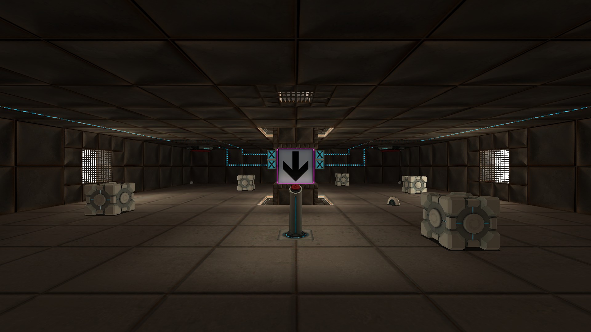 The first room has cubes, a sphere, and a radio about the floor, 4 buttons on the ceiling corners, and a big glowing down arrow in the middle, connected to a pedestal button.