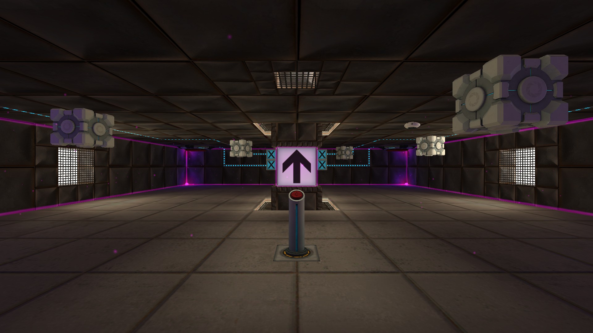 The arrow glows purple and points up.  The cubes and radio now sit on the ceiling.