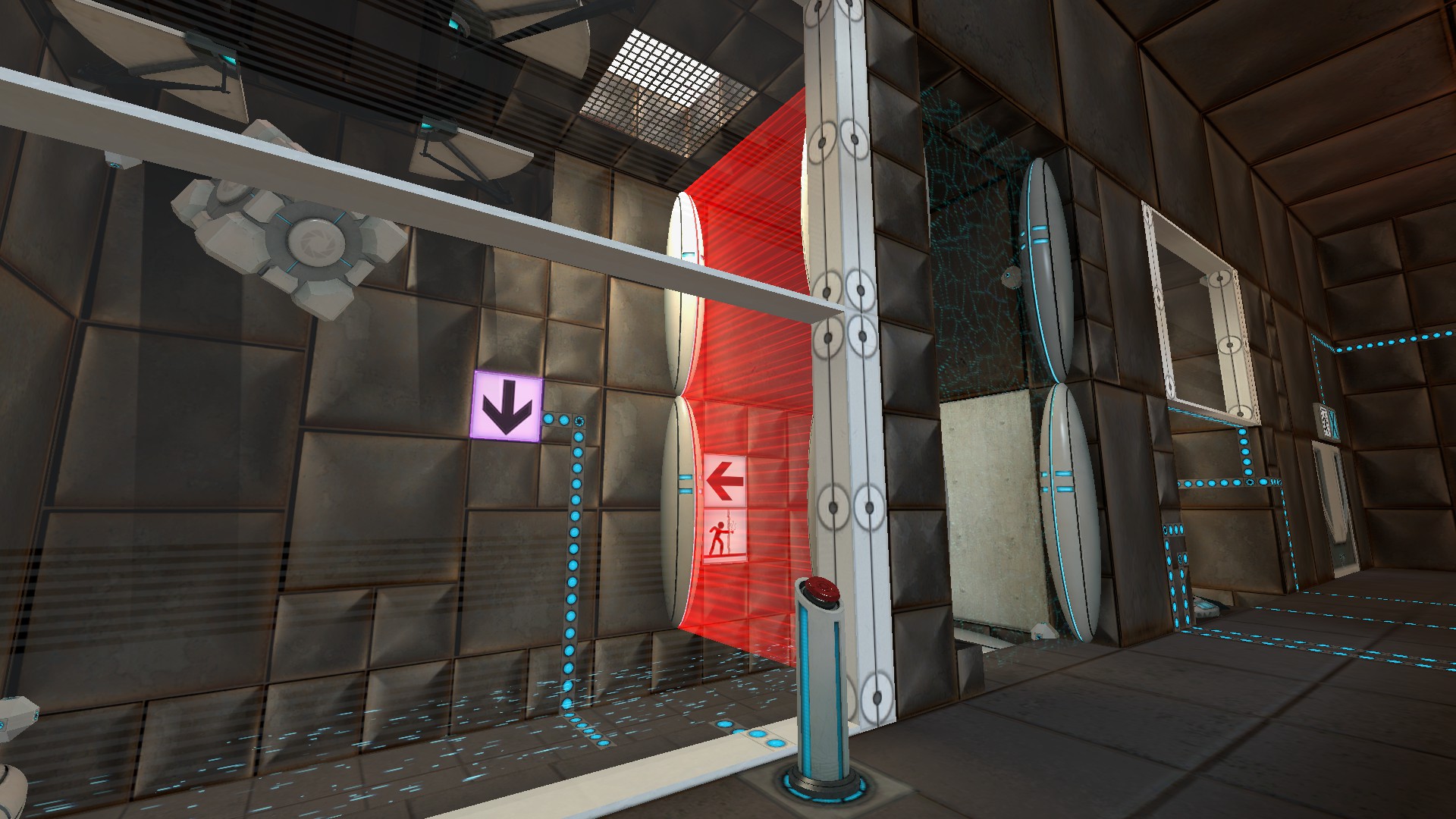 Behind glass, A vital apparatus vent drops cubes into an emancipation grid over the floor, and a gravity field indicator on the wall points down.  To the side, behind a hard light wall, are a red laser wall and a portalable wall.