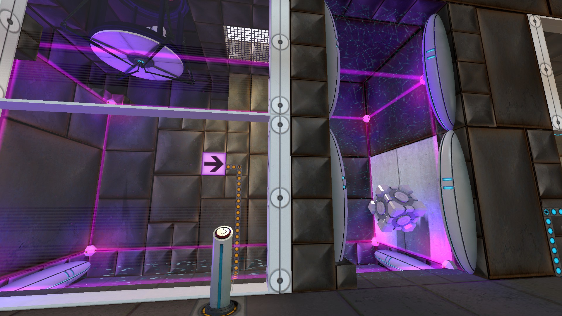 With the sideways gravity field enabled, the cube falls through the laser wall onto the portalable wall.