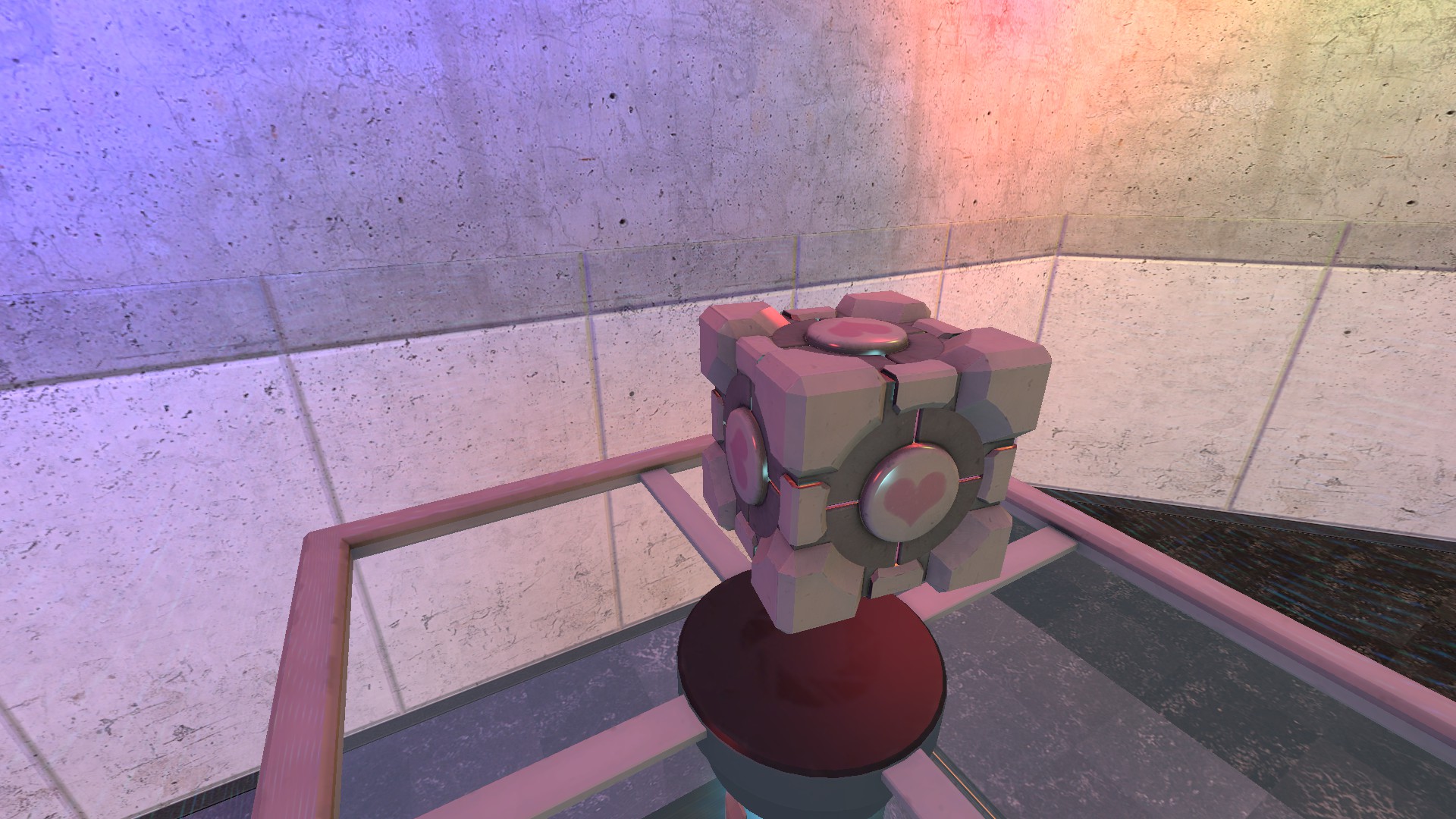 The companion cube sits on the exit platform as it rises.