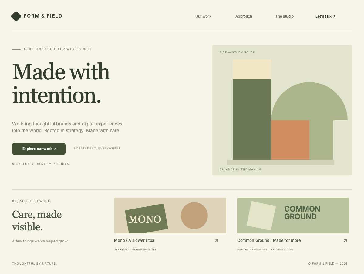 FORM & FIELD — single-page design studio landing page