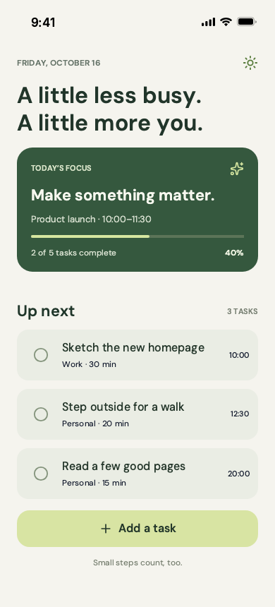 Mobile task app with a native status bar, focus card, task list, and add-task button