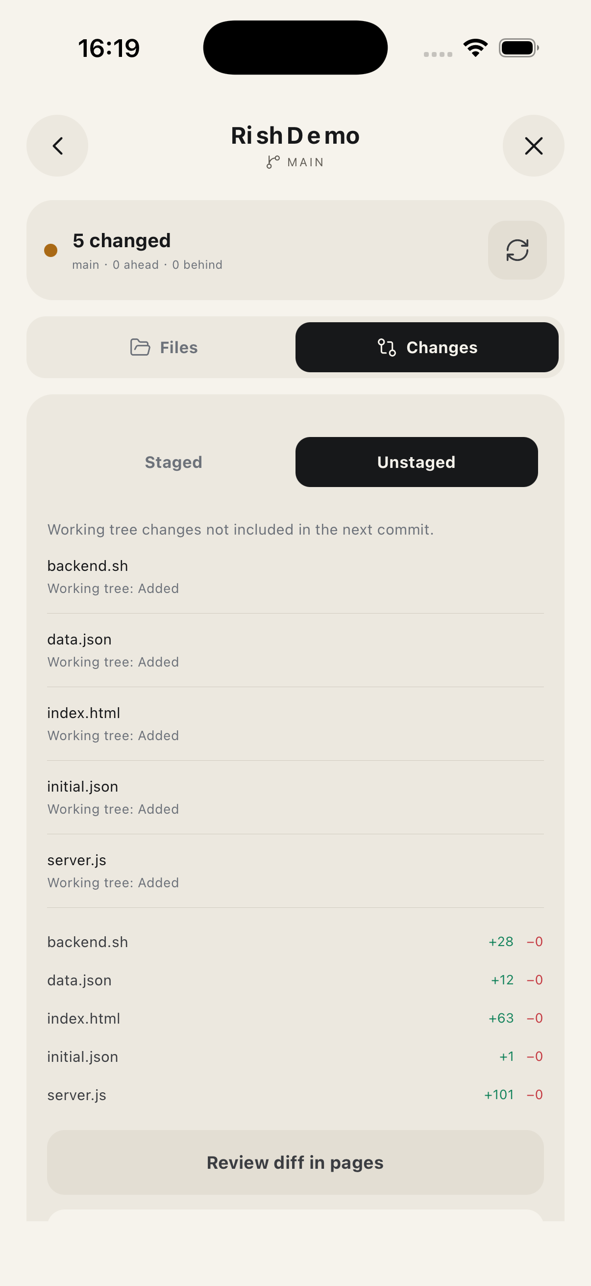 Rish iOS Simulator showing unstaged files and change statistics