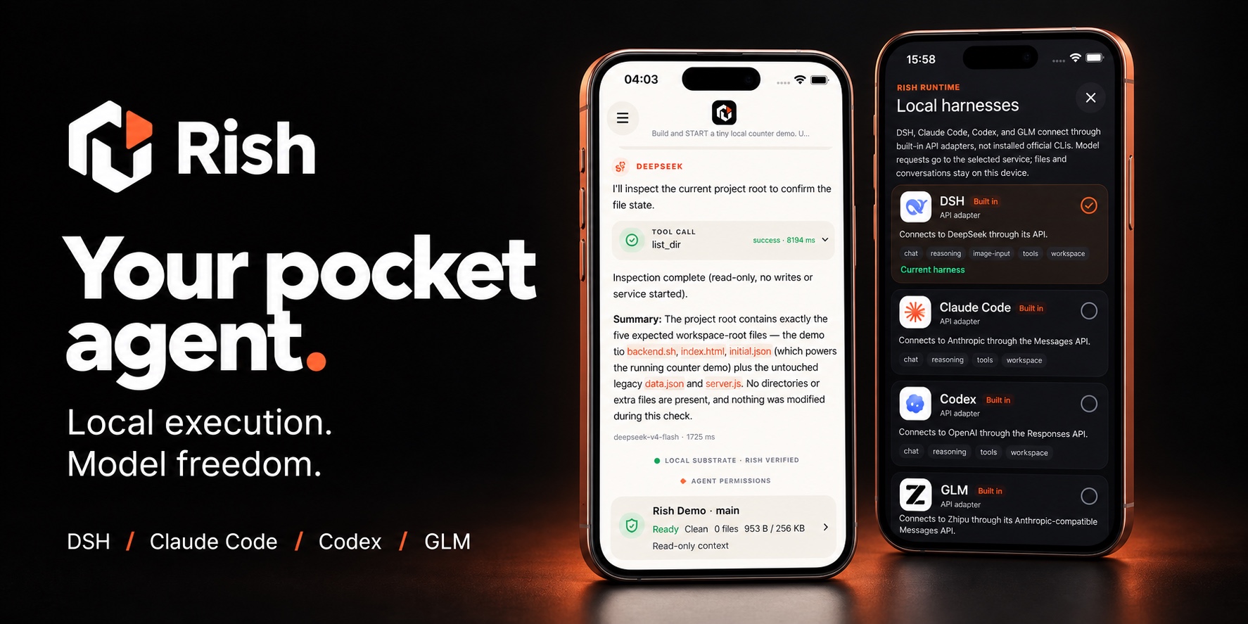 Rish — your pocket agent. Local execution. Model freedom. DSH / Claude Code / Codex / GLM