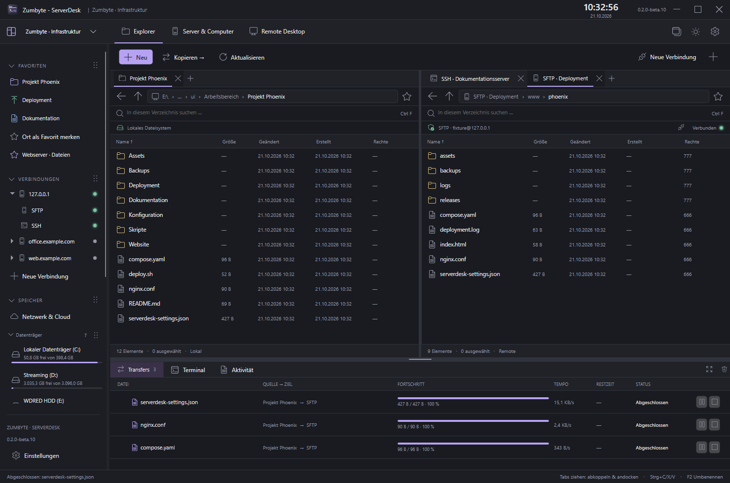 ServerDesk: Anwendungsansicht im Dark Mode
