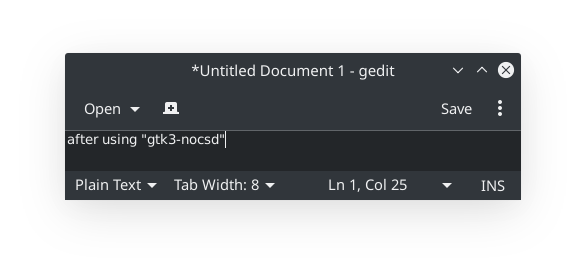 Screenshot of gedit with CSDs disabled by gtk3-nocsd