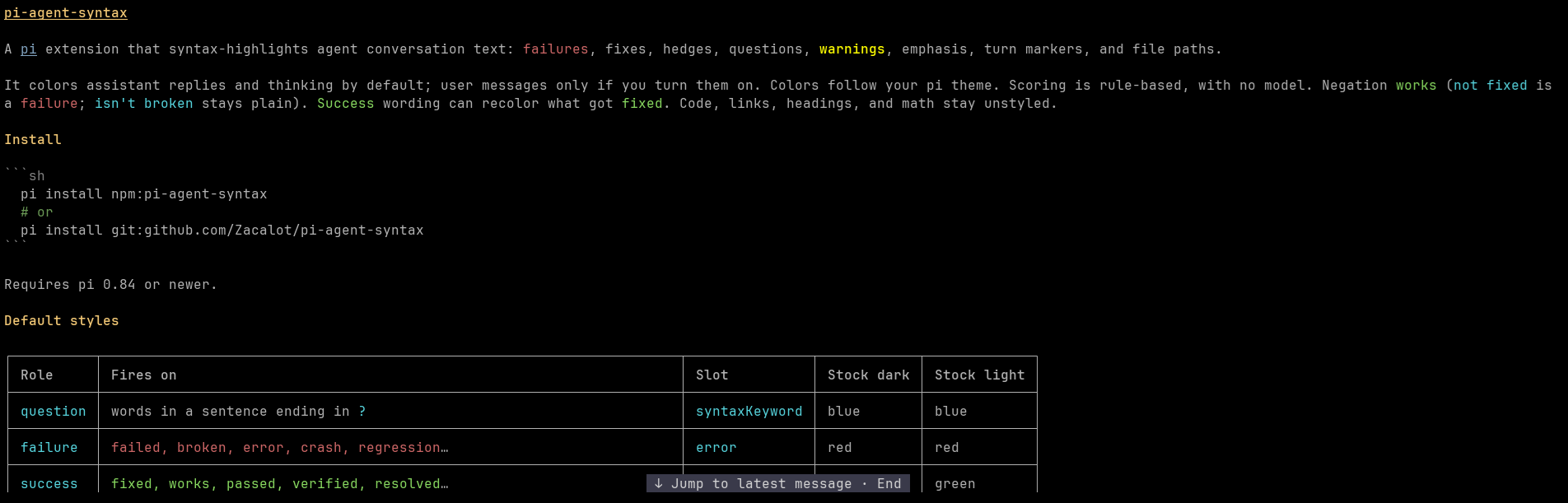 pi-agent-syntax highlighting conversation prose in the terminal