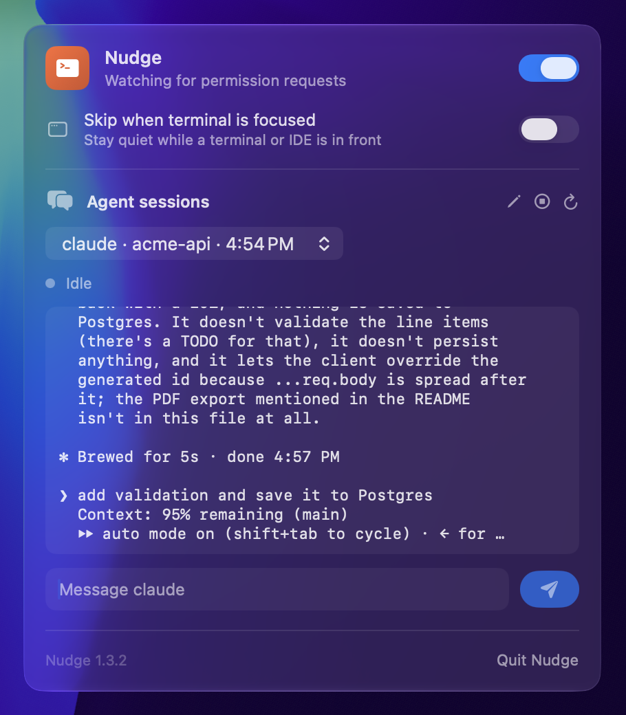 A mirrored Claude session in the menu bar panel