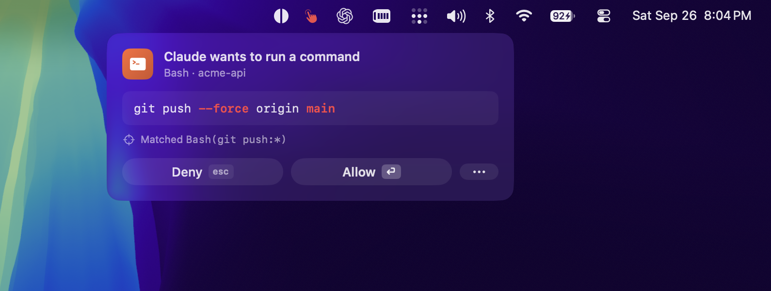 Nudge asking to allow a git push --force that matched a pattern