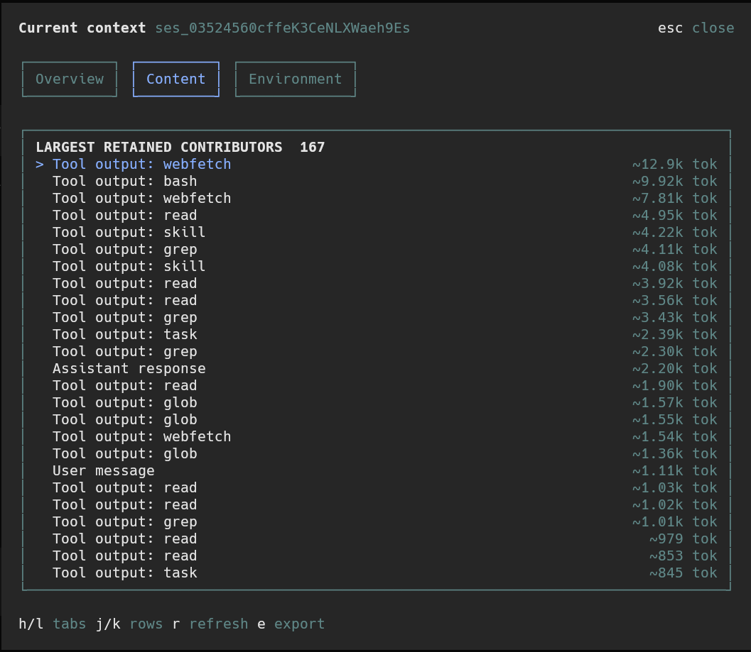 opencode-context Content tab showing the largest retained context contributors