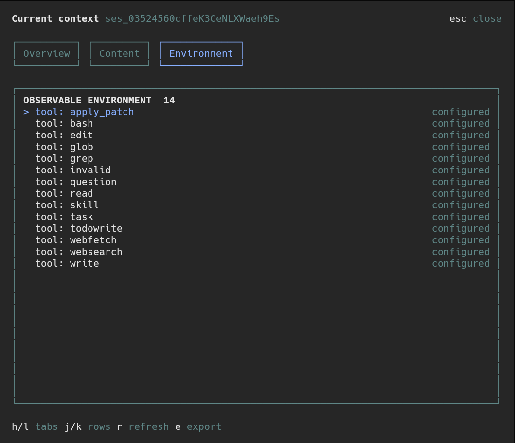 opencode-context Environment tab showing instructions, agents, skills, MCP servers, and tools