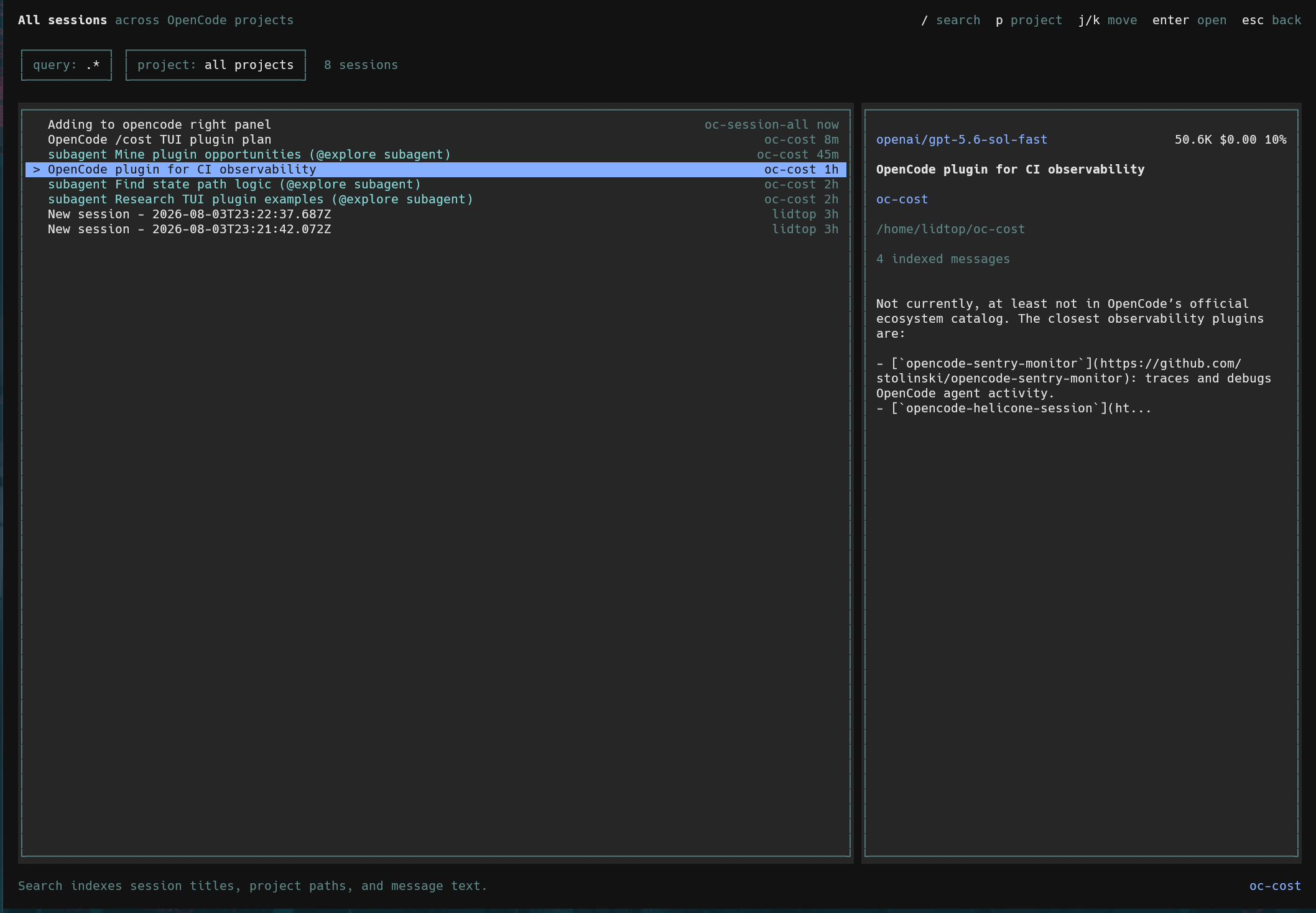 opencode-sessions-all dashboard showing cross-project sessions, subagents, search filters, and session details