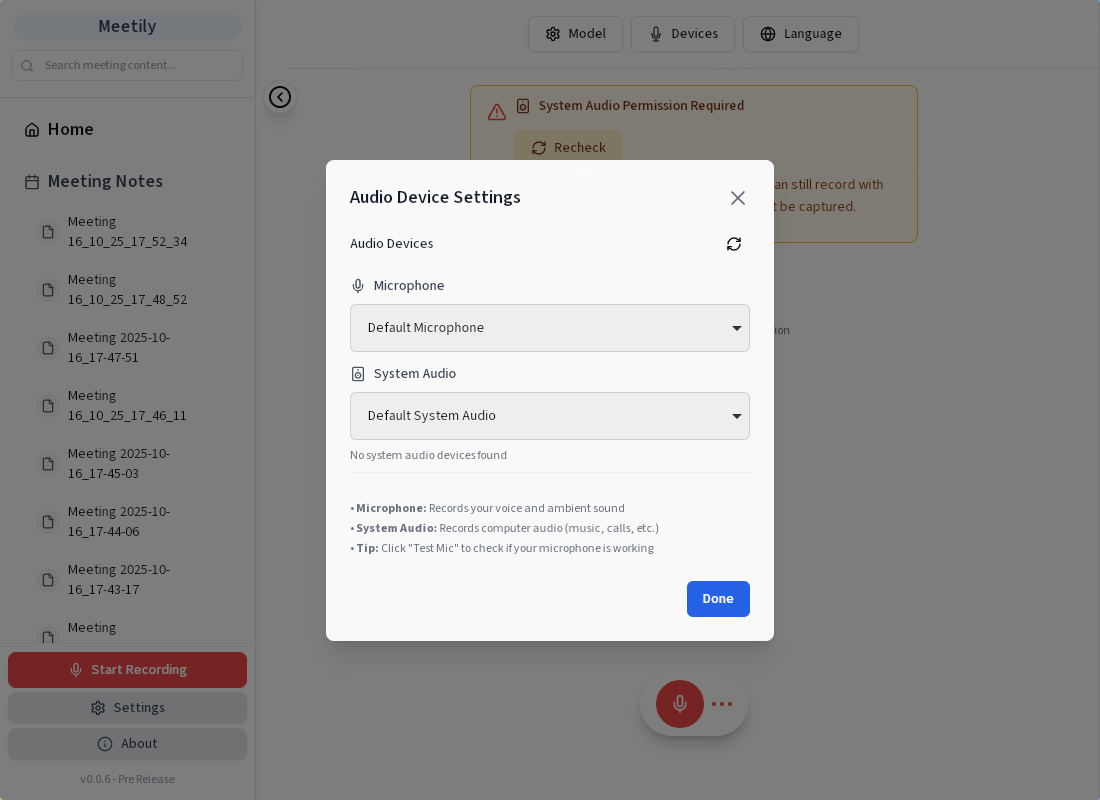 Meetily Device Selection