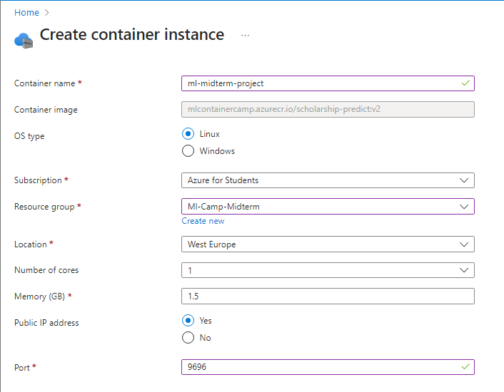 Form to start an instance container