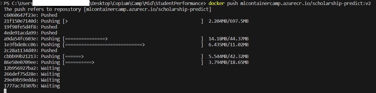 Progress in pushing the image to the registry