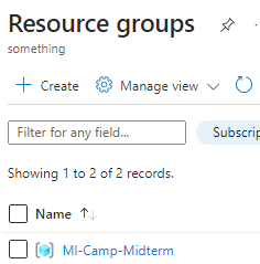 Using the create button on top, filling the form, we can see a resource group named "ml-camp-midterm"