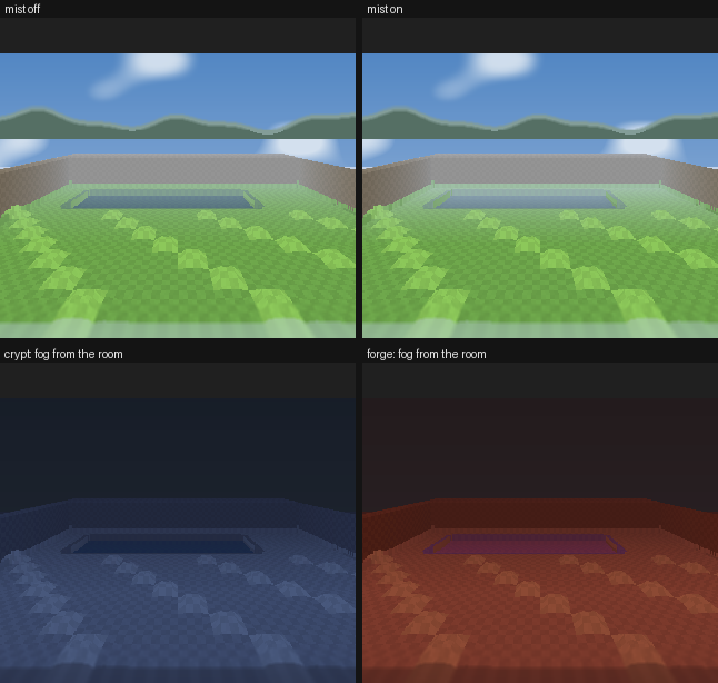 Four chase-camera renders of hand-built scenes: a meadow with mist off and on, then a blue-stone crypt and a red-brick forge whose distance fog takes each room's own colour