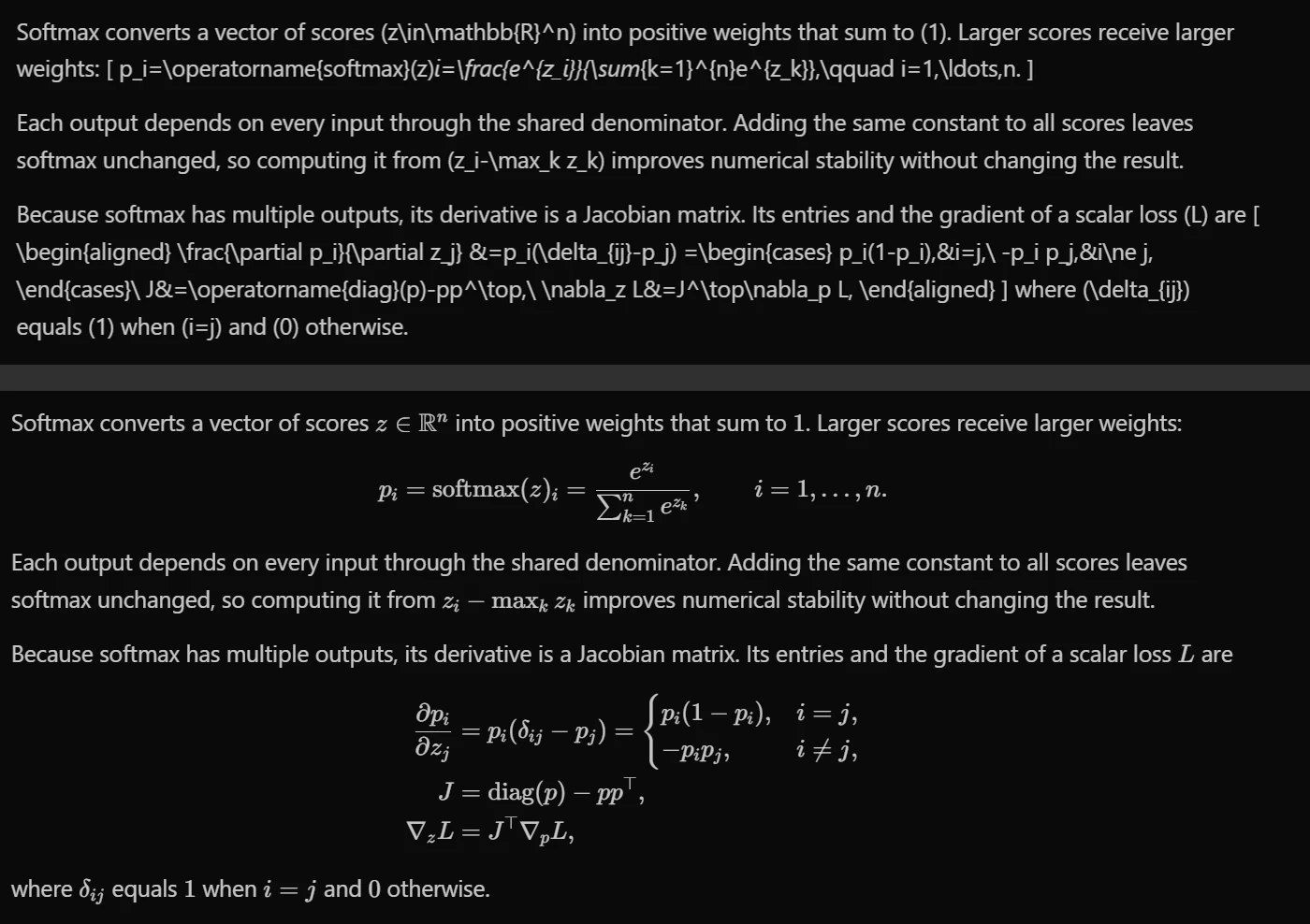 The same reply in T3 Code as shipped (top) and with t3-latex (bottom)