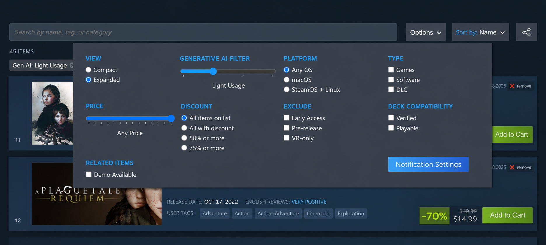 Generative AI slider in Steam Wishlist Options