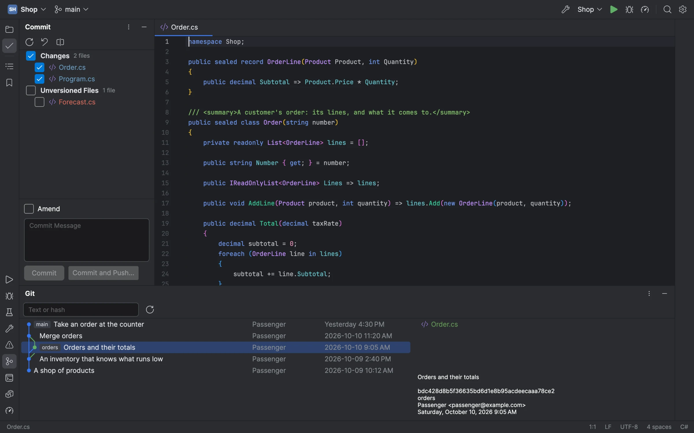 The Commit window beside the editor, and the Git log with a commit's details